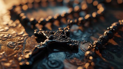 Wall Mural - A close-up view of a rosary placed on a table. This image can be used to depict religious faith, spirituality, or prayer