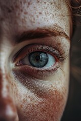 Poster - A detailed close-up of a person's eye with freckles. This image can be used in various projects and designs