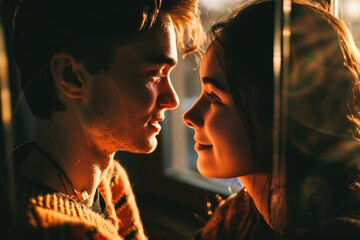 Poster - A picture capturing the intimate moment when a man and a woman lock eyes. This image can be used to depict love, romance, relationships, or connection