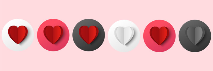 Aufkleber - White, red, black heart paper cut icon on color circle isolated on white background. Vector illustration. Design for decorations card, web, banner.