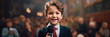 child smiling media worker holding an imitation microphone in his hands. Generative AI