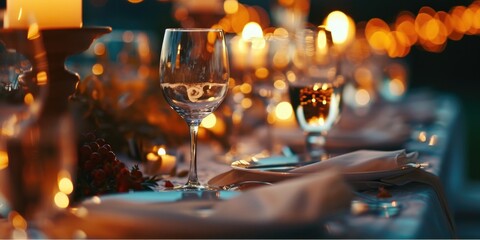 Poster - A beautifully set table with wine glasses and candles. Perfect for romantic dinners or special occasions