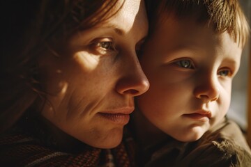 Poster - A woman and a child are seen looking out a window. This image can be used to depict curiosity, family bonding, or the concept of waiting