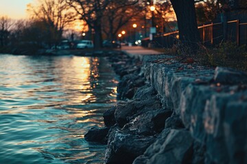 Poster - A picture of a stone wall located next to a body of water. Suitable for various design projects