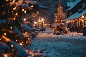 Aufkleber - A snowy street with a lit Christmas tree in the foreground. This image can be used to depict a festive winter scene