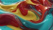 Abstract liquid art with vibrant swirls of scarlet, light olive, and cyan creating a glossy, fluid texture.