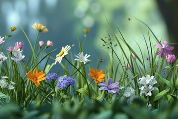 Poster - Colorful flowers arranged in a bunch and placed on the grass. Ideal for nature and gardening concepts