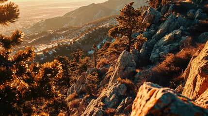 Poster - Beautiful sunset scene with mountains in the background and trees in the foreground. Perfect for nature and landscape themes