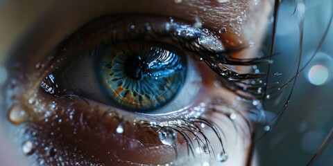 Canvas Print - A close-up view of a person's eye with water droplets on it. This image can be used to depict emotions, freshness, or the concept of tears