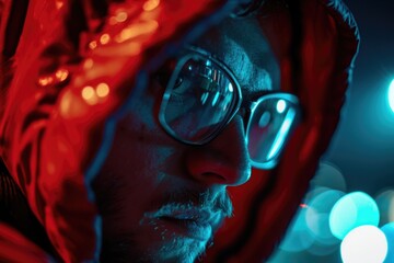 Poster - A man wearing glasses and a red hoodie. Versatile image suitable for various contexts