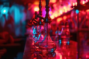 Aufkleber - A close up view of a glass vase placed on a bar. This image can be used to depict elegance, interior design, or floral arrangements