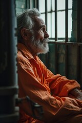 Poster - A man wearing an orange shirt is seen sitting inside a jail cell. This image can be used to depict imprisonment, criminal justice, or incarceration