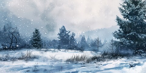 Poster - A serene painting of a snowy landscape featuring tall trees. Perfect for winter-themed projects or nature-inspired designs