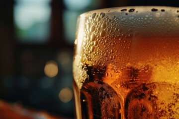 Poster - A close-up view of a glass of beer. This image can be used to depict a refreshing drink or to add a touch of relaxation to various projects