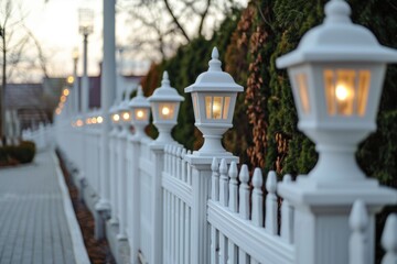 Poster - A picture of a white fence adorned with lights. Perfect for adding a touch of charm and ambiance to any outdoor setting