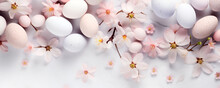 Top View Photo Of Pastel Colors Easter Holiday Banner With Eggs And Sping Flowers On White Background 