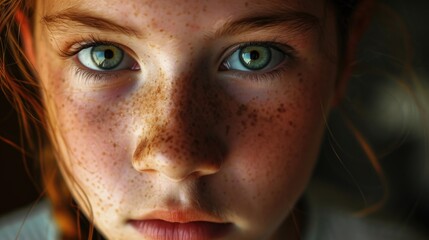 Canvas Print - A close up view of a child with freckles on her face. This image can be used to depict innocence, childhood, or natural beauty