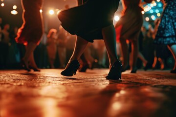 Poster - A lively scene of people dancing together on a vibrant dance floor. Perfect for showcasing the joy and energy of a dance event or celebration. Ideal for use in promotional materials or articles