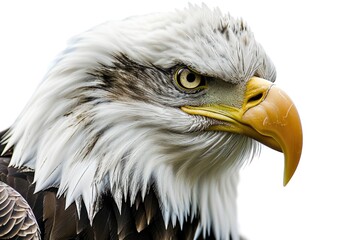 Poster - A close-up view of an eagle's head on a white background. Perfect for wildlife enthusiasts and nature-themed designs