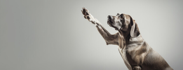 Greyhound Dog with raised paw on a gray background. Free space for product placement or advertising text.