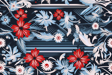 Wall Mural - oriental ethnic traditional Japanese floral seamless carpet pattern with red blue flowers on background