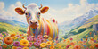 Psychedelic colorful cow on floral spring meadows with mountains in the background.