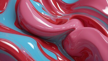 Wall Mural - Swirling layers of cherry red, blue and bubblegum pink liquids, creating a lush, wavy texture with a shiny, reflective surface that simulates a three-dimensional appearance.