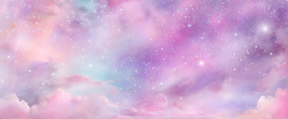 Wall Mural - Purple unicorn background. Pastel watercolor sky with glitter stars and bokeh. Fantasy galaxy with holographic texture. Magic marble space.