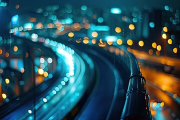 Wall Mural - Urban night street with blurred traffic lights creating vibrant cityscape. Abstract nightlife. Glowing streets in modern city. Dynamic scene with glittering bokeh