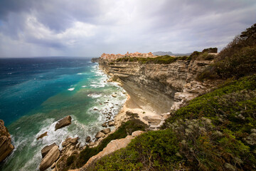 Canvas Print - The Dramatic Cliffs with the Old City of Bonifacio on the Southern Tip of Corsica, France