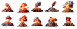 Collection of Volcano eruption with lava isolated on transparent or white background, png