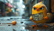 Cute Angry Chicken With A Sign ''Stop Eating Us" Animal Meat Industry Concept. Don't Eat Meat Copy Space. Pro Vegetarian