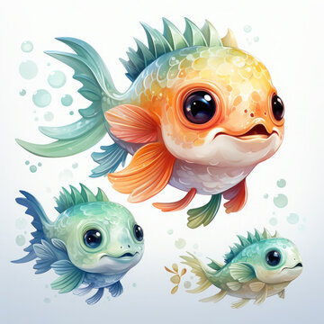 Watercolor Colorful Pufferfish Illustration, Generative Ai