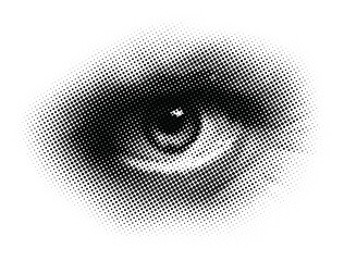 observant gaze. black and white vector illustration portraying a human eye with a halftone dotted sc