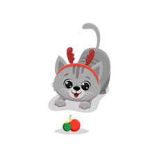 Wall Mural - Cute grey cartoon cat looking at christmas balls isolated on a white background. Christmas