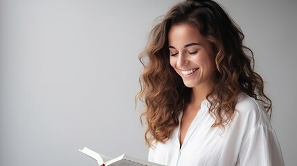 Wall Mural - A woman who smiles and holds a book on her side.