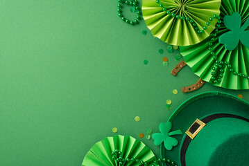 Wall Mural - Captivating Saint Patrick's Day top view composition: leprechaun's hat, lucky horseshoe, festive fans, trefoils, confetti, beads necklace set on lively green backdrop, offering space for text or promo