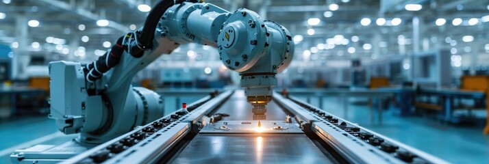 Poster - automated industrial robot arm in manufacturing factory warehouse