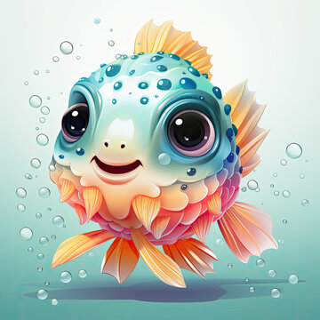 Watercolor Colorful Pufferfish Illustration, Generative Ai