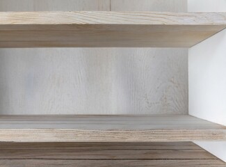 Poster - Empty white wooden shelf with copy space, and space for product display