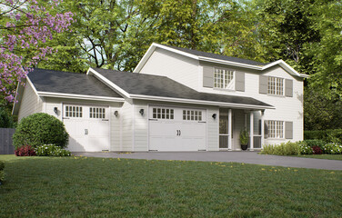 Traditional American home with two garages, a driveway and a large tree.