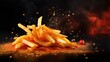 French fries with flying ingredients and spices hot ready to serve and eat. Food commercial advertisement. Menu banner with copy space area