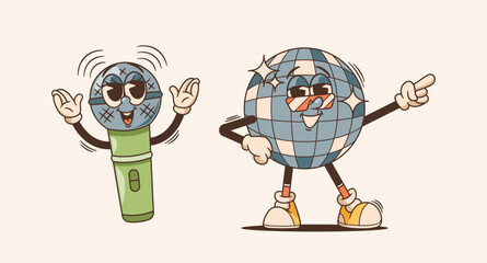 Quirky Retro Microphone And Disco Ball Characters, Animated Personages Exude Vintage Charm, Vector Illustration