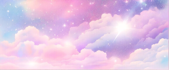 Rainbow unicorn pastel background with glitter stars. Pink fantasy sky. Holographic space with bokeh. Fairy iridescent gradient backdrop. Vector