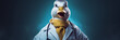 Obese doctor duck wearing a bright doctors coat, poster, Quack medical concept. Fake Surgeon