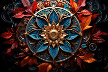 Indian Beautiful Mandala In The Form Of A Blue Flower And Red Leaves