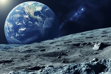 Wall Mural - moon and blue earth, dark night on the moon 