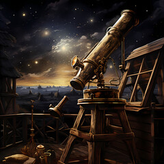 Poster - Antique telescope on a rooftop under a starry night.