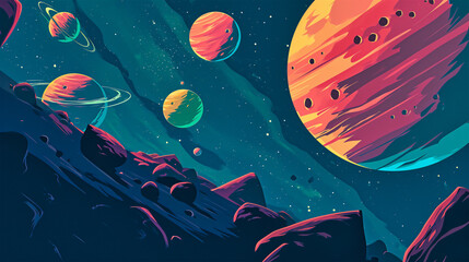 Canvas Print - Space background for kids with planets and stars from surface of Moon, cartoon illustration