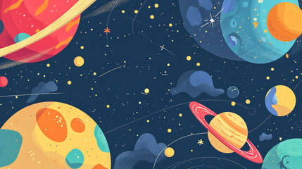 Canvas Print - Space background for kids with planets and stars from surface of Moon, cartoon illustration